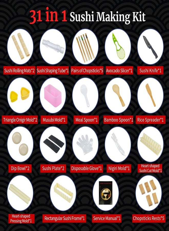 DigNew Sushi Making Kit - 31 in 1 Complete Sushi Making Supplies with Bamboo Mats, Rice Paddle, Sushi Cut Mold, Sushi Gloves & Sushi Tools - Fun DIY Set for Homemade Sushi, Sashimi & Maki Rolls - Image 2